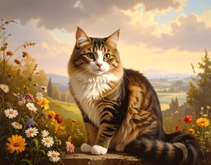 Cat in a pastoral landscape