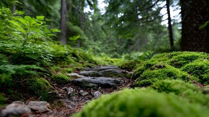 Fototapeta premium A serene and tranquil forest path winding through a dense, verdant landscape blanketed in vibrant green moss and rich, overgrown foliage