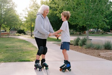 Elderly grandmother roller skating in the park with her young grandson on a bright, cheerful morning