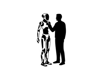 A man interacting with a robot, representing the future of technology and human-machine collaboration. 