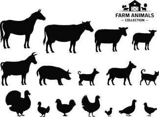 Farm animals silhouettes collection including horse, cow, sheep, goat, pig, chicken, rooster, dog, cat, turkey vector set