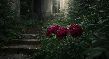 Black Peonies in a shadowed corner of an old estate garden, dramatic light