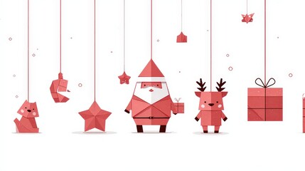 Red Origami Christmas Figures On White Background