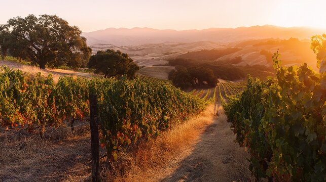 vineyard. Golden hour vineyard landscape with rows of grapevines extending toward rolling hills, travel magazines, destination branding, designed for outdoor magazines and nature guides.
