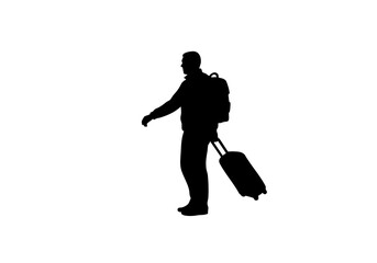 A traveler with a backpack and a suitcase, in silhouette form, embarking on a journey