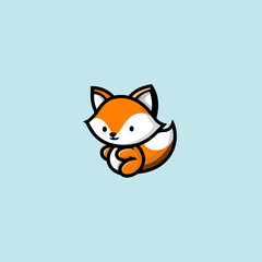 Fototapeta premium Cartoon fox illustration. Orange, white, and black fox on light blue background
