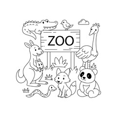 Hand-drawn zoo coloring book illustration, simple line art, clean outline, no shading, doodle style, suitable for children's coloring book with transparent background