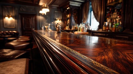 tavern. Classic wooden bar counter interior with warm lighting and rich texture. real-estate listings, architecture portfolios, designed for interior renovation comparisons for interiors.