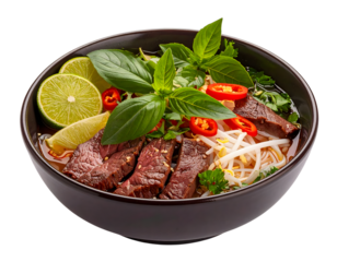Delicious Vietnamese Pho Soup with Beef, Herbs, and Citrus Garnish