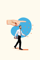 Composite 3D collage artwork template design of gesture showing body language hand finger point way direction young man walk hold laptop