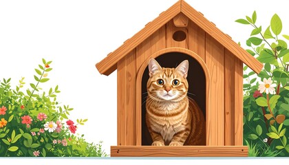 Cat in a wooden dog house, surrounded by flowers