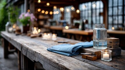 Rustic Wooden Table with Candles and Lights in a Workshop Setting