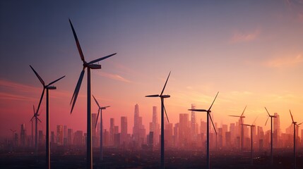 Wind turbines at sunset over a field