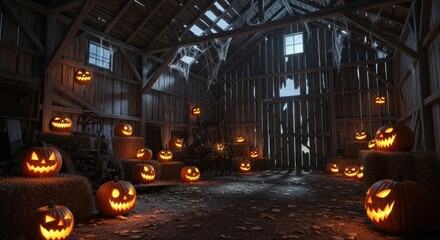 Spooky halloween pumpkins glowing inside an old barn with hay bales and cobwebs