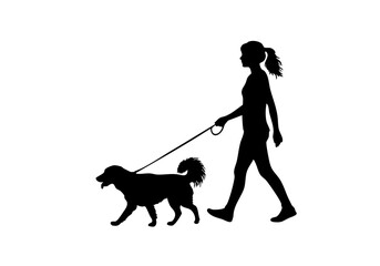 Silhouette of a person walking a dog on a leash.