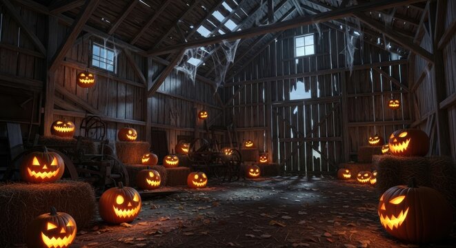 Spooky halloween pumpkins glowing inside an old barn with hay bales and cobwebs