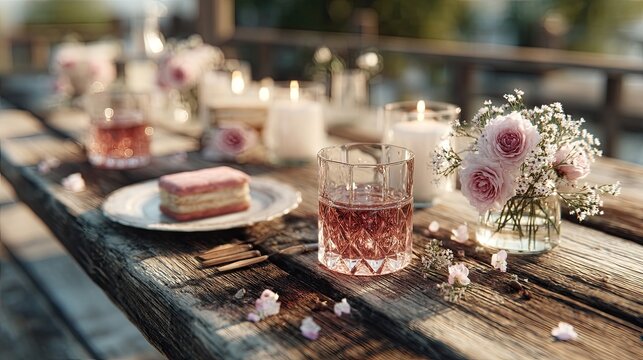 Rustic Wooden Table with Pink Roses Lit Candles and Glasses Still Life