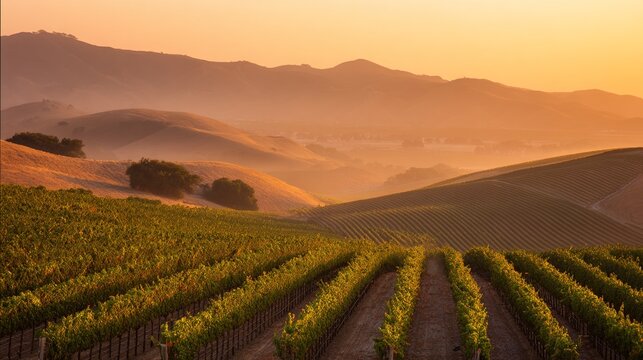 vineyard. Golden hour vineyard landscape with rows of grapevines extending toward rolling hills, travel magazines, destination branding, designed for outdoor magazines and nature guides.
