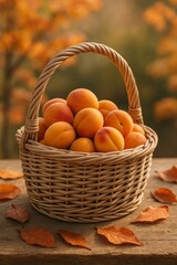 A wicker basket filled to the brim with ripe apricots, set against a warm autumn backdrop, evoking a feeling of harvest and abundance. Scattered leaves add to the seasonal ambiance