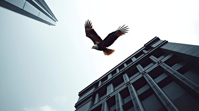 High contrast, low light, color photography of architecture, eagle in flight, high angle perspective, looking down and dramatic effect