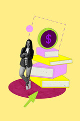 3d pop image zine art collage of happy businesswoman businessman receive dollar coin income cursor progress book stack cash