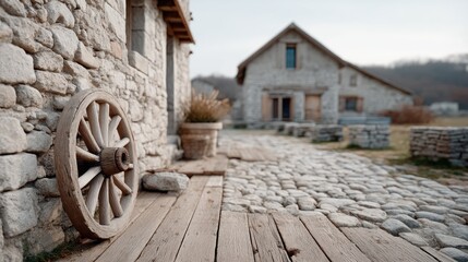 Rustic Wooden Wagon Wheel Against Stone Building at Rural Farm with Stone Pathway