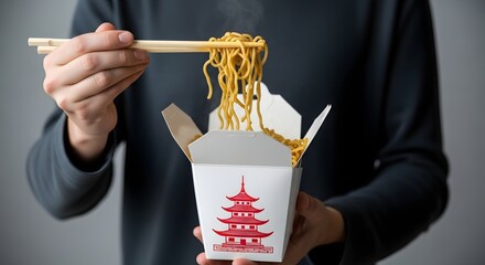 A person holding a takeout box of steaming noodles, with a blurred background of a modern kitchen