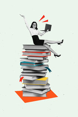 Creative trend artwork design 3D collage sketch of student textbook study read young woman sit pile...