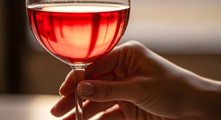 Elegant hand holding a glass of red wine in soft natural light with a blurred background ambiance