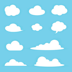 Vector set of different cartoon clouds in a flat design. Collection of Simple white cloud illustrations. Simple White Cloud on blue sky.