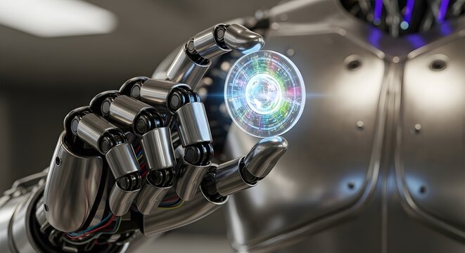 Robotic hand holding a glowing digital sphere, symbolizing AI, data processing, and future technology evolution - Powered by Adobe