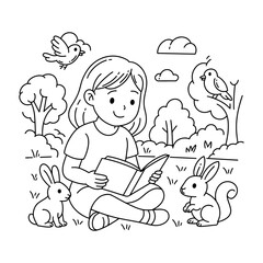 Hand drawn girl coloring book illustration, simple line art, clean outline, no shading, scribble style, suitable for children's coloring book