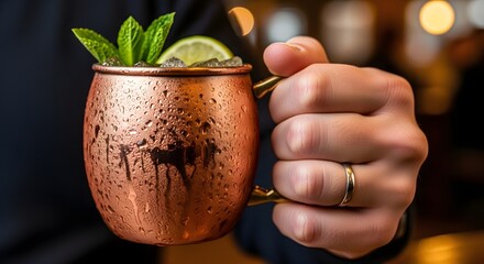 A bartender serves a refreshing copper mug cocktail with mint and lime in a lively bar setting