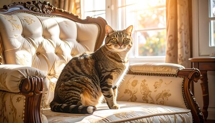 Cat in antique chair, sunlight streams in