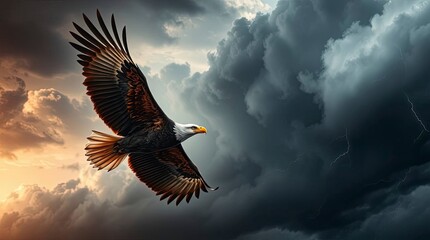Obraz premium Intense, dramatic weather scene of a majestic eagle in flight against stormy, high-tension skies