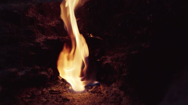 4K footage of fires of Yanartas at night on Mount Chimaera on popular hiking Lycian Way (Likya Yolu) in Antalya Province, Turkey. Unique Geothermal phenomenon.