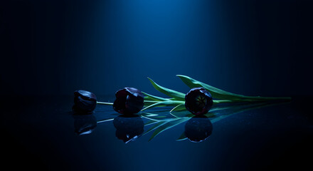 Black Tulips floating on a mirror-like surface, with dramatic spotlighting. Elegant and mysterious