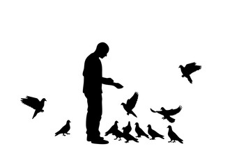 Silhouette of a man feeding pigeons.