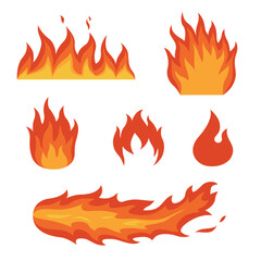 Vector Set of Fire Flames. Campfire. Bonfire Hand drawn. Summer Hot icons or hot weather symbol set. Red Fire border and seamless line.