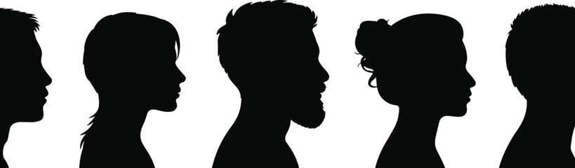 Silhouettes of people profiles, men and women side view, black and white faces, diverse human outline, abstract community illustration vector