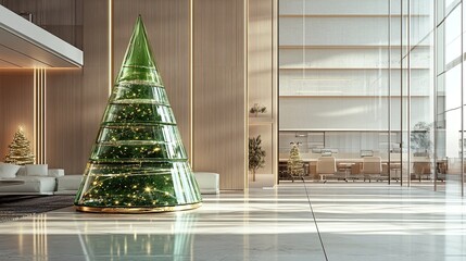 A minimalist yet luxurious holiday scene featuring a stunning abstract Christmas tree carved from translucent green glass and adorned with delicate white and gold accents.