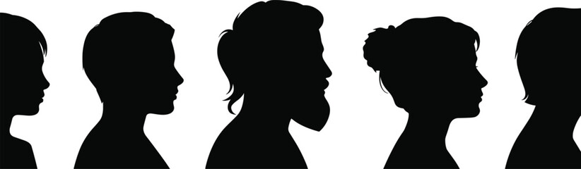 Silhouettes of people profiles, men and women side view, black and white faces, diverse human outline, abstract community illustration vector