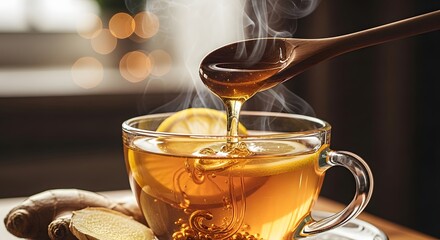 Warm cup of herbal tea with honey and lemon being stirred, cozy kitchen setting with bokeh lights