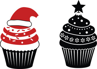 Christmas cupcake illustration, Santa hat dessert, festive sweets, holiday baking, black and white cupcake, winter treat, decorative frosting, celebration