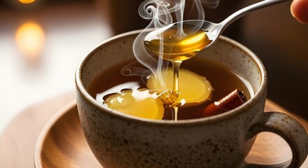 Warm herbal tea being stirred with honey, showcasing steam rising in a cozy setting