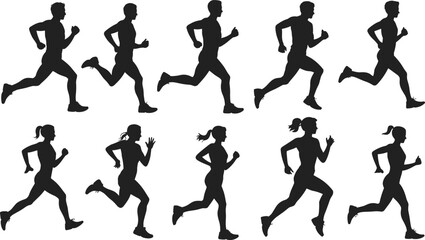 Silhouettes of runners, men and women jogging, fitness athletes, running poses illustration, sports activity vector, marathon training design elements