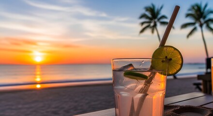 Refreshing cocktail with lime on a beachside table at sunset, capturing a serene tropical evening