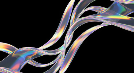 Iridescent Ribbons Flowing Abstractly Against a Black Background.