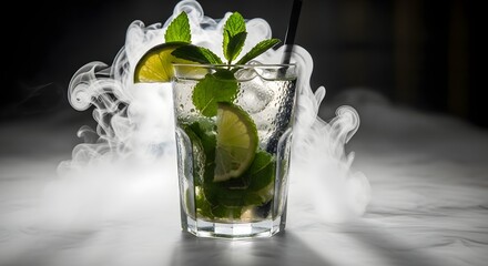 Refreshing mojito cocktail with mint and lime garnished, surrounded by misty smoke effect