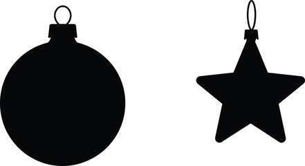 Christmas ornament silhouette, festive icon, holiday decoration, star shape, round bauble, black vector, seasonal graphic, minimal design, hanging decor, winter symbol